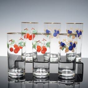 6pc Royal Worcester Cherries and Plums Highball Glasses, Evesham Gold