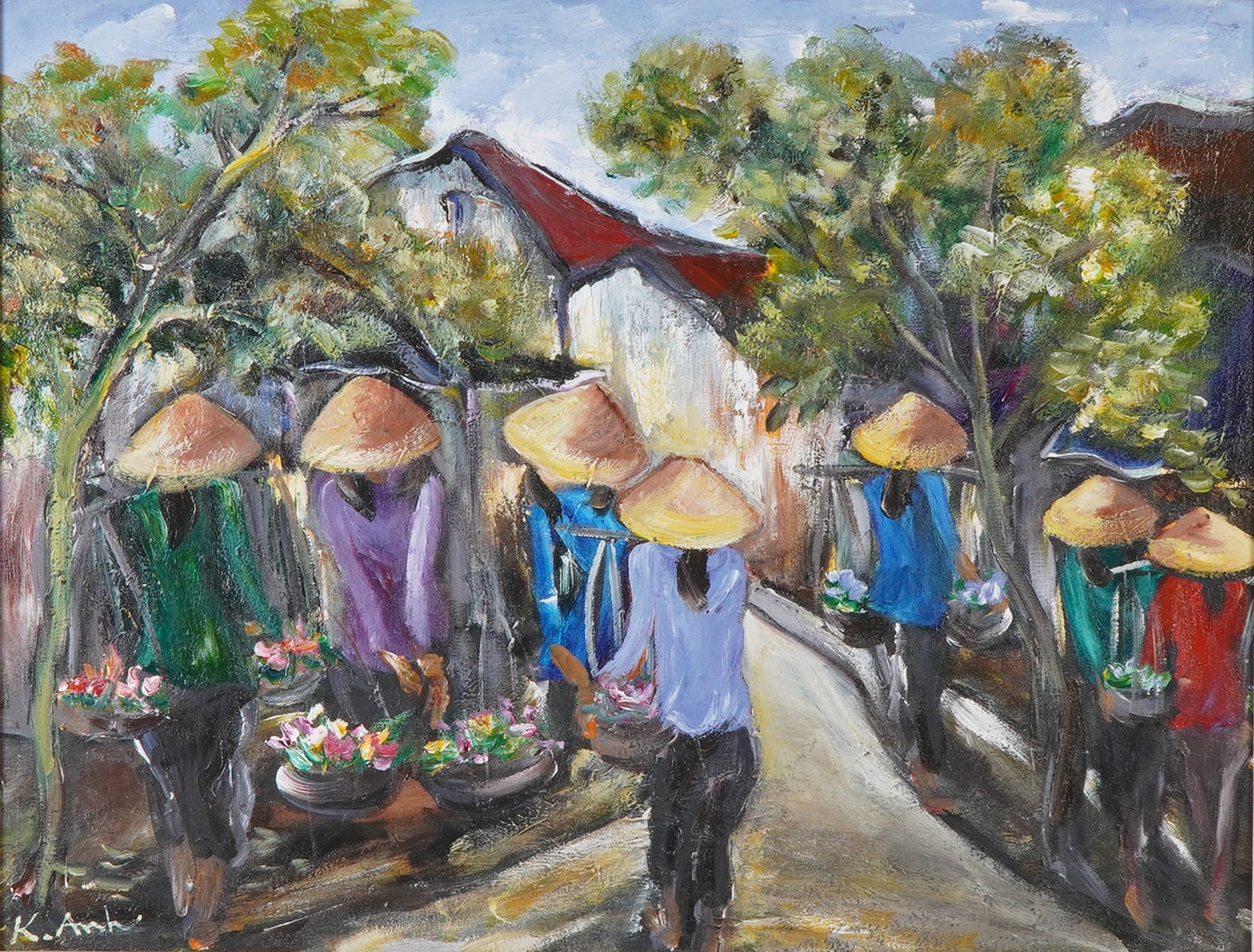 K. Anh (Vietnamese d. 2022) Oil on Canvas, Portobello Street Market, Signed: A vibrant and expressive oil painting on canvas depicting a bustling street market by Vietnamese artist K. Anh who often explored themes of identity and culture by blending traditional elements with m