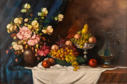 Oil on Canvas Painting, Still Life with Flowers and Fruits, Signed