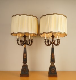Pair of French Empire Style Bronze & Gilt Applique Candelabra Table Lamps