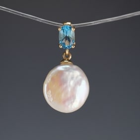 14K Gold Blue Topaz and Cultured Coin Pearl Pendant