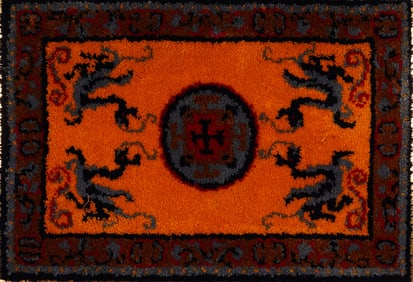 Framed Handwoven Wool Rug with Stylized Dragon Motif