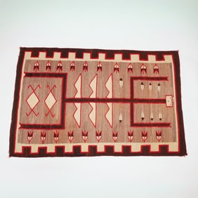 Mid-Century Navajo Handwoven Wool Rug w/ Arrows & Geometric Designs