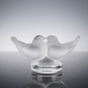 Lalique Crystal Paperweight, Clear Frosted Lovebirds
