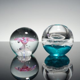 2pc Art Glass Paperweights, Teal and Pink Floral