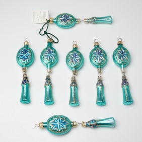 7pc Christopher Radko Glass Ornaments, Blue and Gold Starburst Design