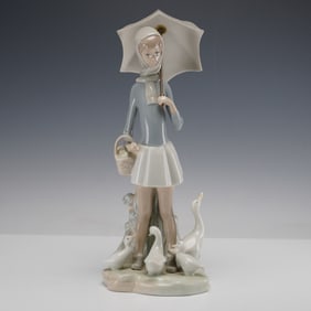 Lladro Porcelain Figurine, Girl with Umbrella and Geese 01004510