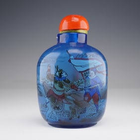 Chinese Blue Glass Reverse Painted Snuff Bottle with Battle Scene