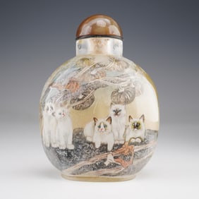 Reverse Painted Glass Snuff Bottle by Liang Ai, Ragdolls