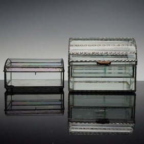 2pc Beveled Glass and Leaded Metal Jewelry Caskets