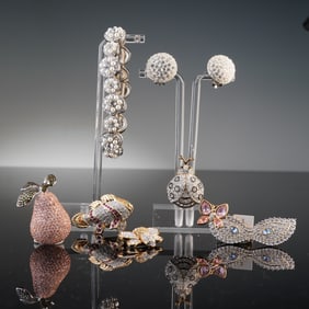 7pc Mixed Metal and Rhinestone Earrings, Bracelet and Brooches