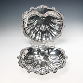 2pc Poole Silverplate Shell Form Serving Bowls, Old English