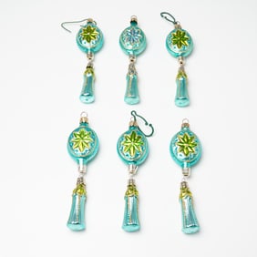 6pc Christopher Radko Ornaments, Turquoise and Green Starburst Design