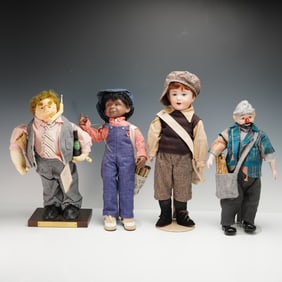 4pc Porcelain and Stuffed Newspaper Seller Dolls