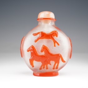 Frosted Glass Snuff Bottle, Red Horses