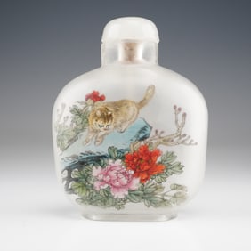 Reverse Painted Glass Snuff Bottle, Cat and Floral Scene