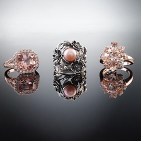 3pc Sterling Silver Ring Set with Pink Stones and Pearl
