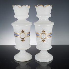 Pair of Bristol Glass White Satin-Finish Vases with Gilt Banding