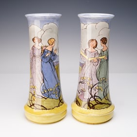 Pair of Doulton Lambeth Margaret Thompson Faience Maidens Vases