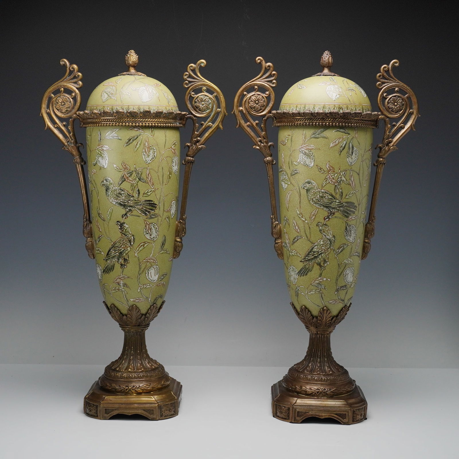 Pair of Ornate Porcelain and Gilt Metal Covered Decorative Urns (1 of 8)