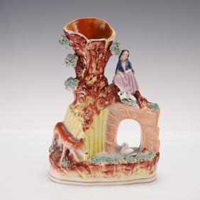 Staffordshire Spill Vase, Girl on Bridge with Fox & Swan