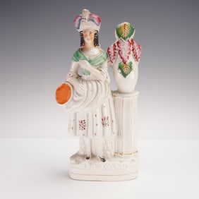 Antique Staffordshire Porcelain Figurine, Girl with Tambourine and Vase
