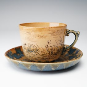 Doulton Lambeth by Hannah Barlow Cup and Saucer Set, Rabbits