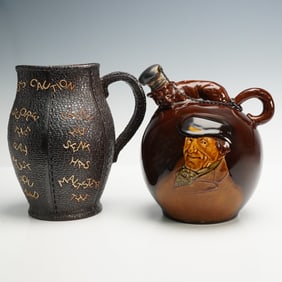 2pc Royal Doulton Kingsware Huntsman Fox Jug and Leatherware Pitcher