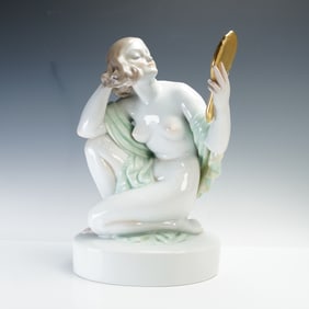 Herend by Szilagyi Nagy Istvan Porcelain Sculpture, Nude Woman with Mirror
