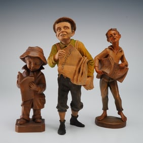 3pc Carved Wood Newspaper Themed Figurines