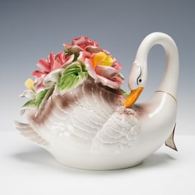 Capodimonte Italian Porcelain Large Swan Floral Sculpture