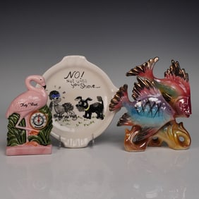 3pc Assorted Vintage Souvenirs, Clock, Figurine, & Ash Tray