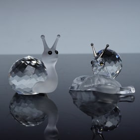 2pc Swarovski Crystal Figurines, Snail On a Vine Leaf & Snail