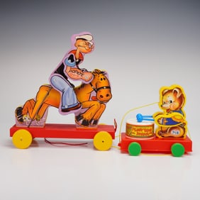 2pc Fisher Price Retro Pull Toys, Popeye Cowboy and Teddy Bear Parade