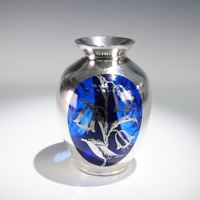 Cobalt Blue Glass and Silver Overlay Floral Vase