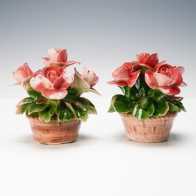 Pair of Capodimonte Hand Painted Porcelain Rose Baskets