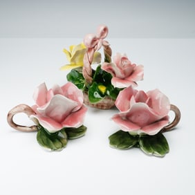 3pc Capodimonte Italian Porcelain Rose Basket with Rose Candle Holders