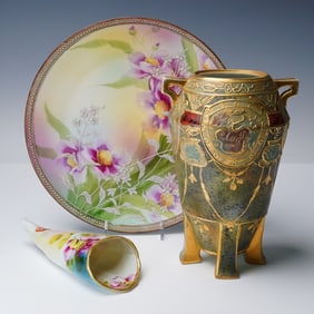 3pc Nippon Hand Painted Porcelain Vases and Plate