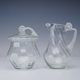 2pc Clear and Frosted Art Glass Creamer and Lidded Sugar Set