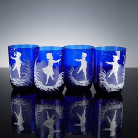 4pc Mary Gregory Glass Tumblers, Children in Landscape