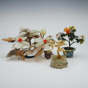 3pc Carved Stone and Cloisonne Floral Arrangements