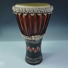 Hand Carved Wooden Djembe Drum, Tribal Motif