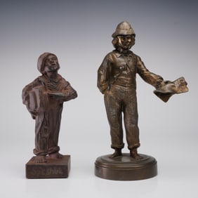 2pc Qualcast Bronze Newspaper Seller Themed Figurines