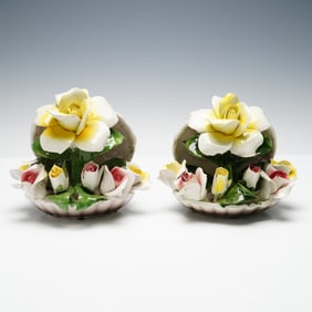 2pc Nuova Capodimonte Italian Porcelain Clam Floral Centerpieces