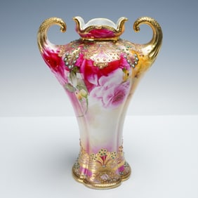 Maple Leaf Nippon Double-Handle Porcelain Floral Vase