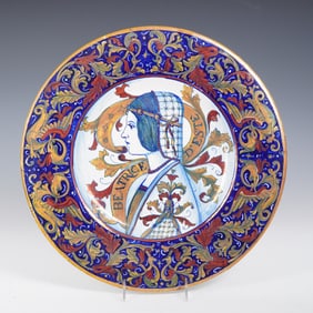 Italian Majolica Wall Plate, Beatrice d'Este, Signed Gualdo T. & Initialed