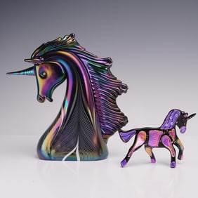2pc Iridescent Unicorn Figurine and Bust by Stuart Abelman