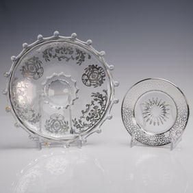2pc Sterling Overlay Glass Plate and Small Abstract Overlay Plate