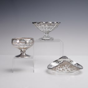3pc Silver Overlay Glass Compotes and Oval Dish