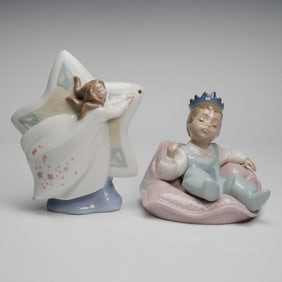 2pc Nao by Lladro Porcelain Figurines, Shining Star Girl & Boy with Crown